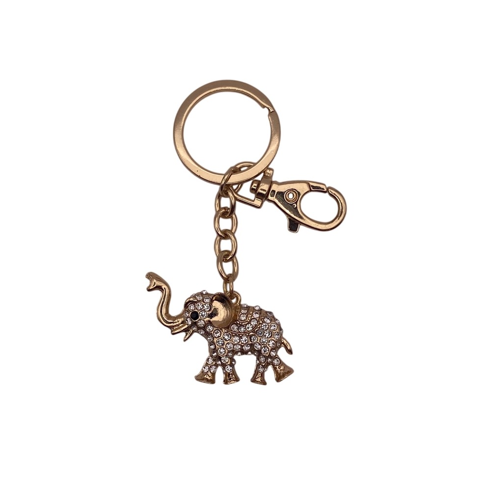 Gold Rhinestone Elephant Keychain Lucky Charm Bag Clip Accessory Clear Crystal